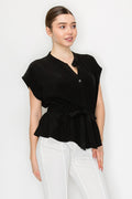 Blusa Negra Elegante Mujer Con Cintura Ajustable y Corte Peplum